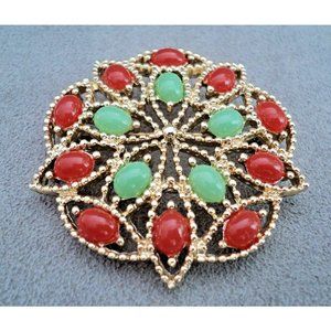 Vintage SARAH COVENTRY Moghul BROOCH Burnt Orange & Light Green Lucite 2"